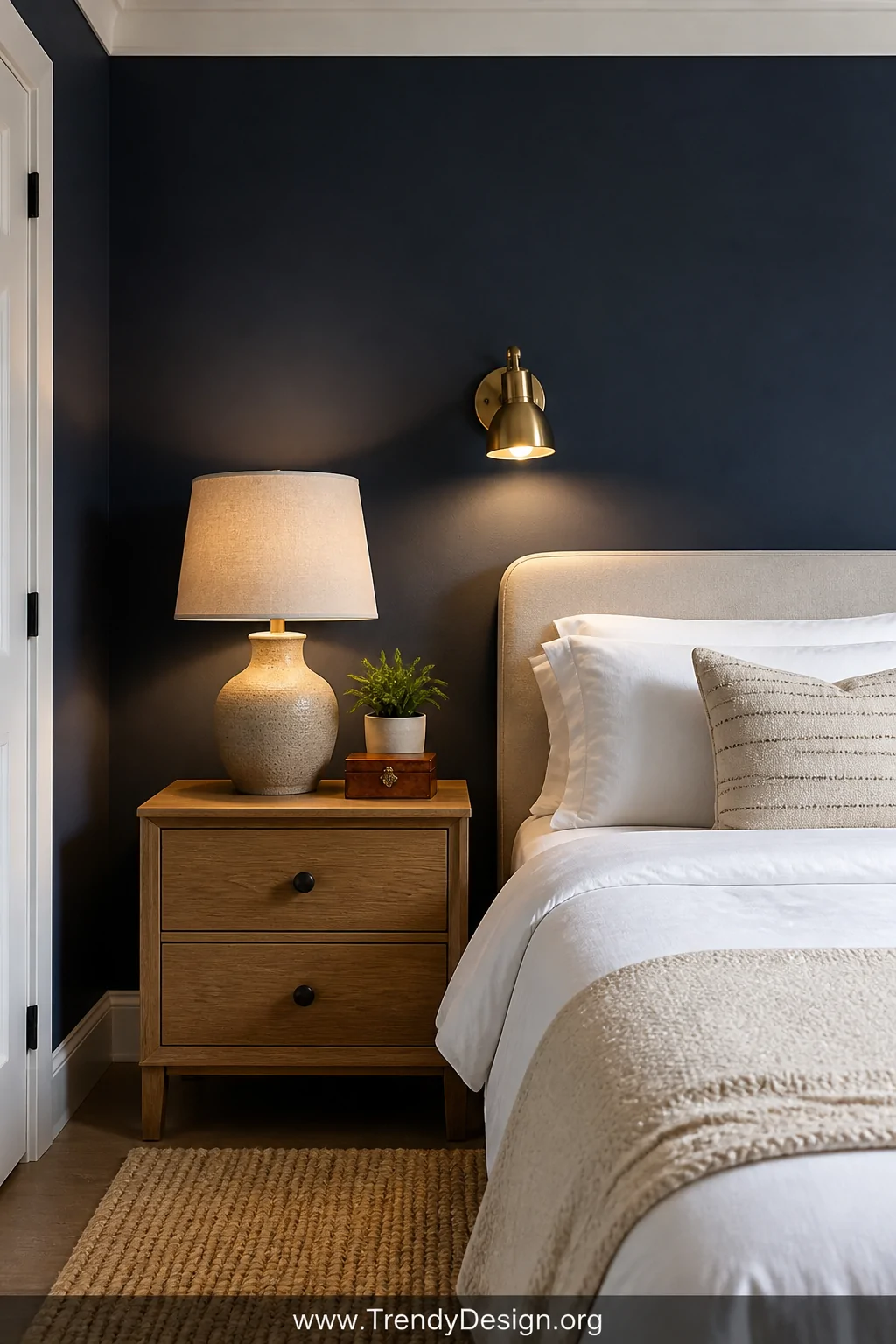 Detail shot of a boys bedroom corner showcasing a deep navy blue accent wall with crisp white trim, a natural oak bedside tab