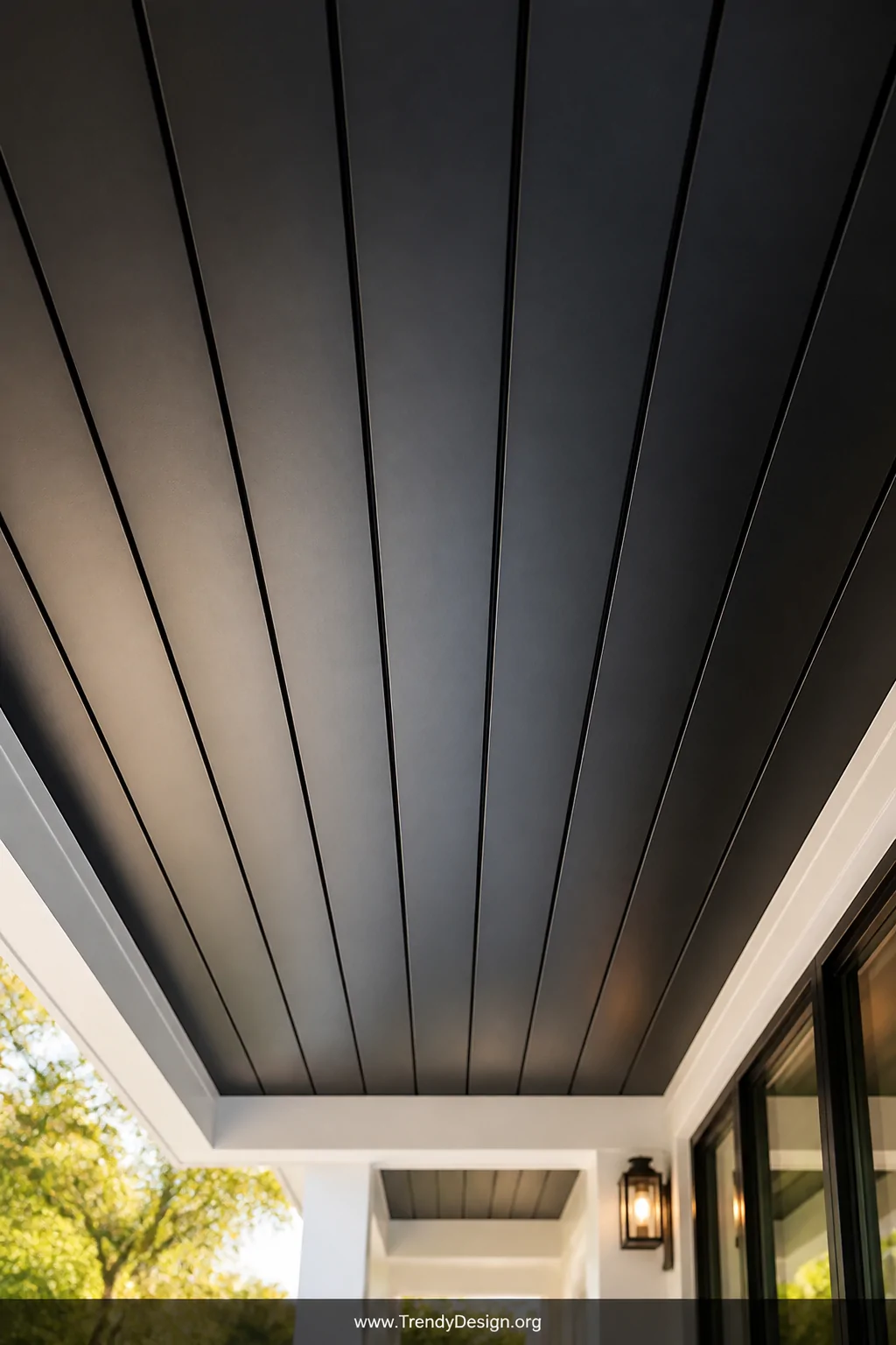 Medium photorealistic shot of a flat porch ceiling clad in sleek standing seam dark charcoal powder-coated metal panels, capt