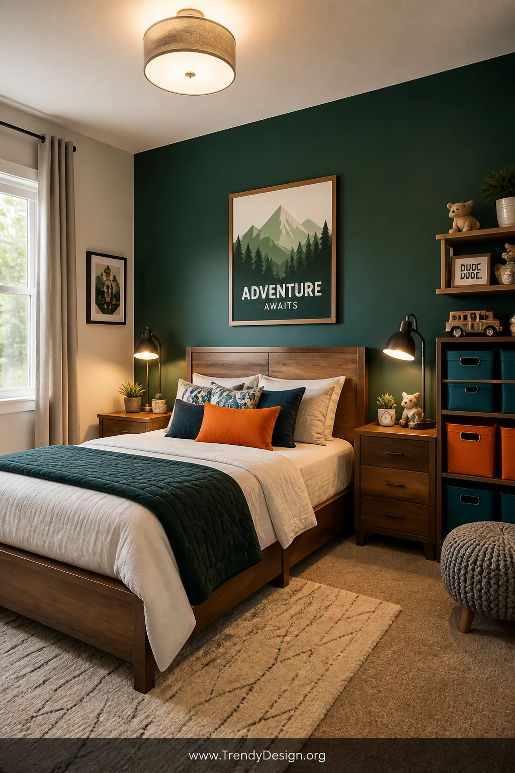 Photorealistic medium shot of a little boy's bedroom accent wall painted in deep forest green behind a low wooden bed frame, 