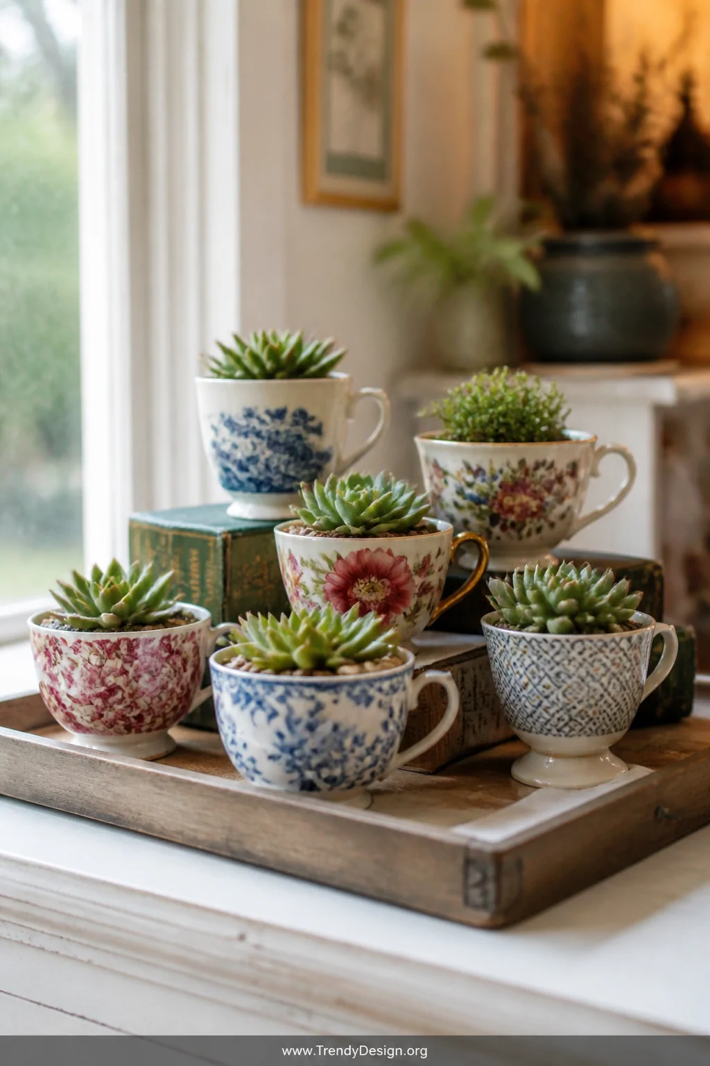A close-up detail shot of a curated collection of vintage mismatched teacups and china mugs in floral, toile, and geometric p