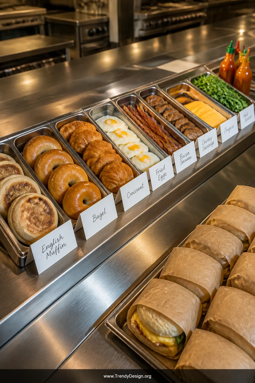 Close-up shot of a stainless steel hotel pan assembly line setup holding neatly organized rows of toasted English muffins, go