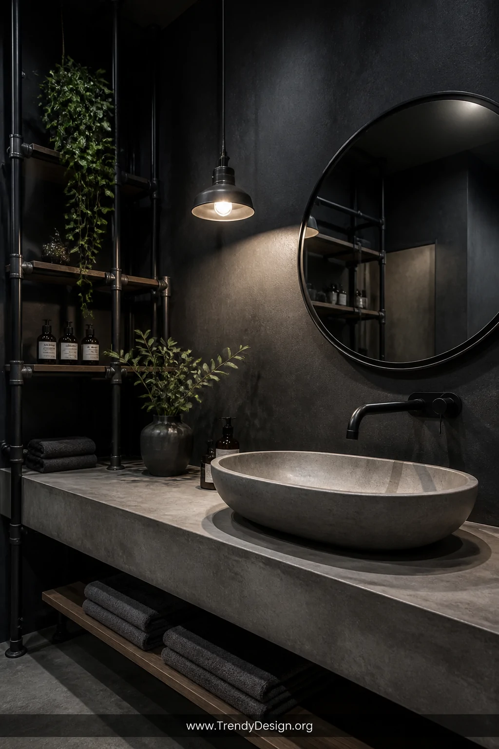 A wide room shot of a moody, industrial-chic bathroom featuring a smooth hand-poured concrete vessel sink with a matte polish