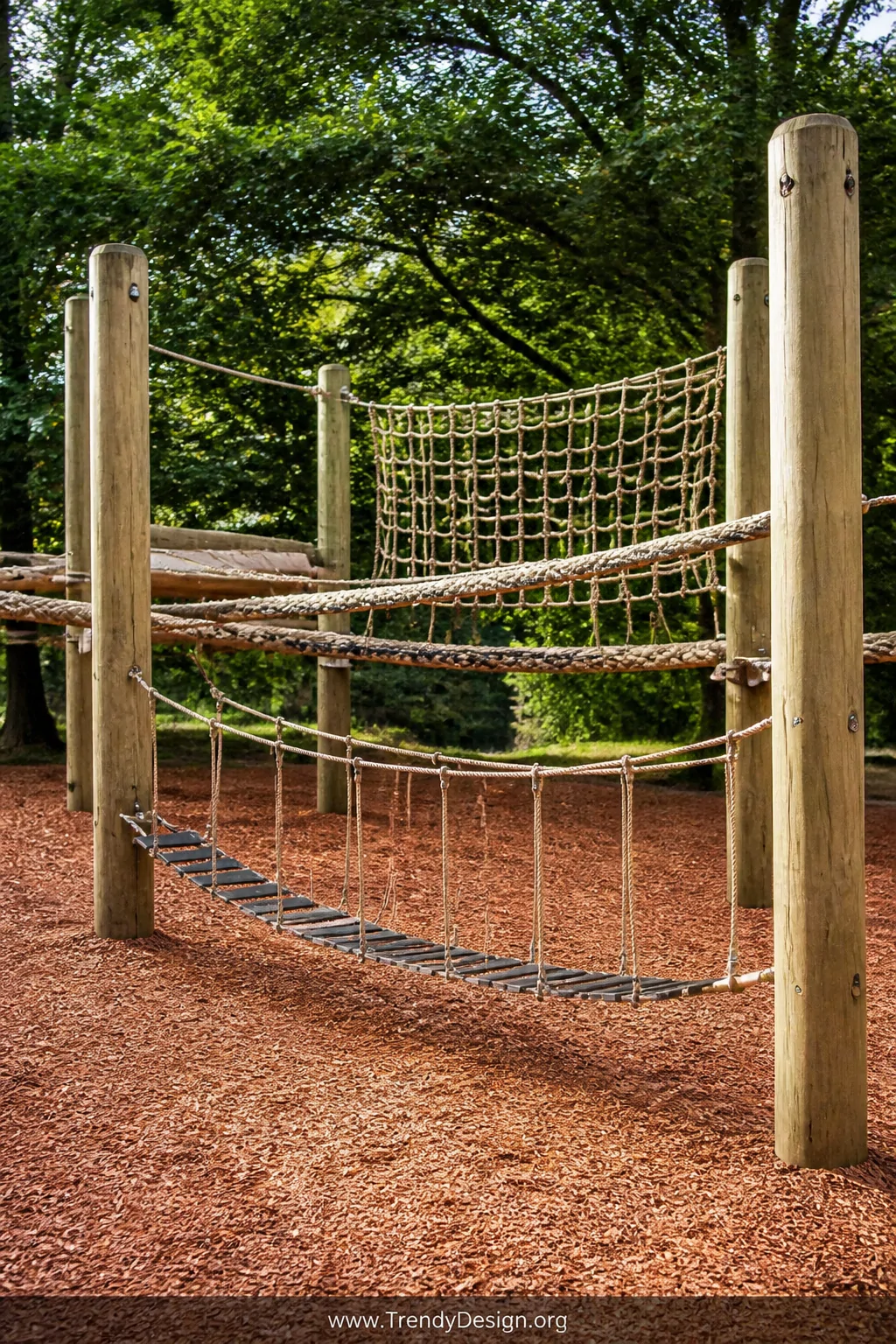 Medium photorealistic shot of a modular outdoor rope course strung between thick timber posts, featuring thick weather-resist