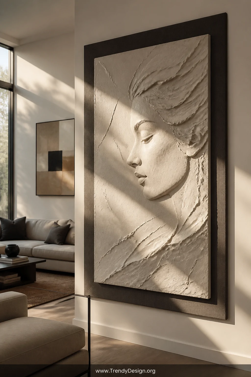 A wide shot of a sophisticated living room wall featuring a raised plaster sculptural relief portrait mounted on a dark charc