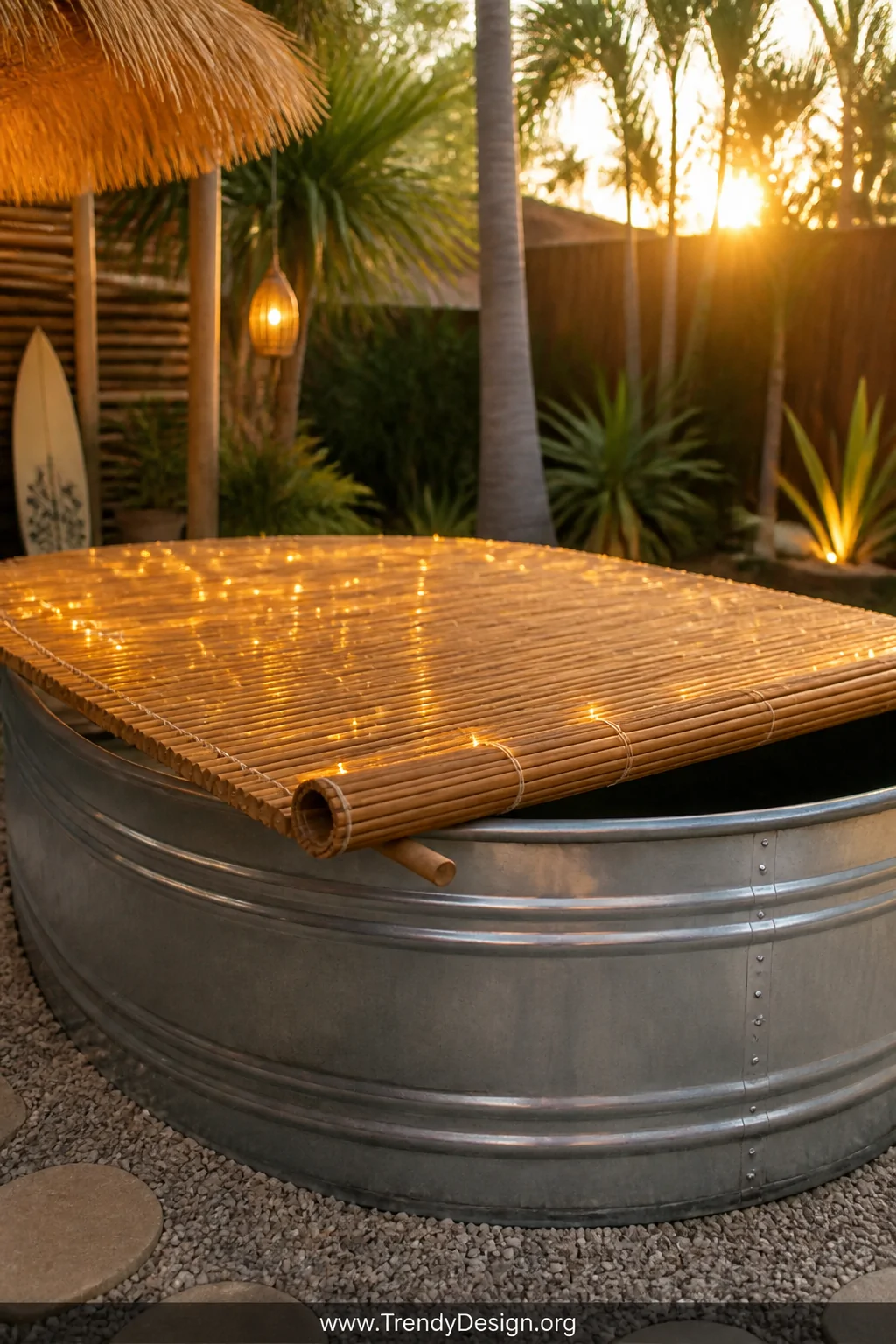 Wide outdoor shot of a rolled bamboo reed panel cover laid over a galvanized stock tank pool, natural honey-toned bamboo text