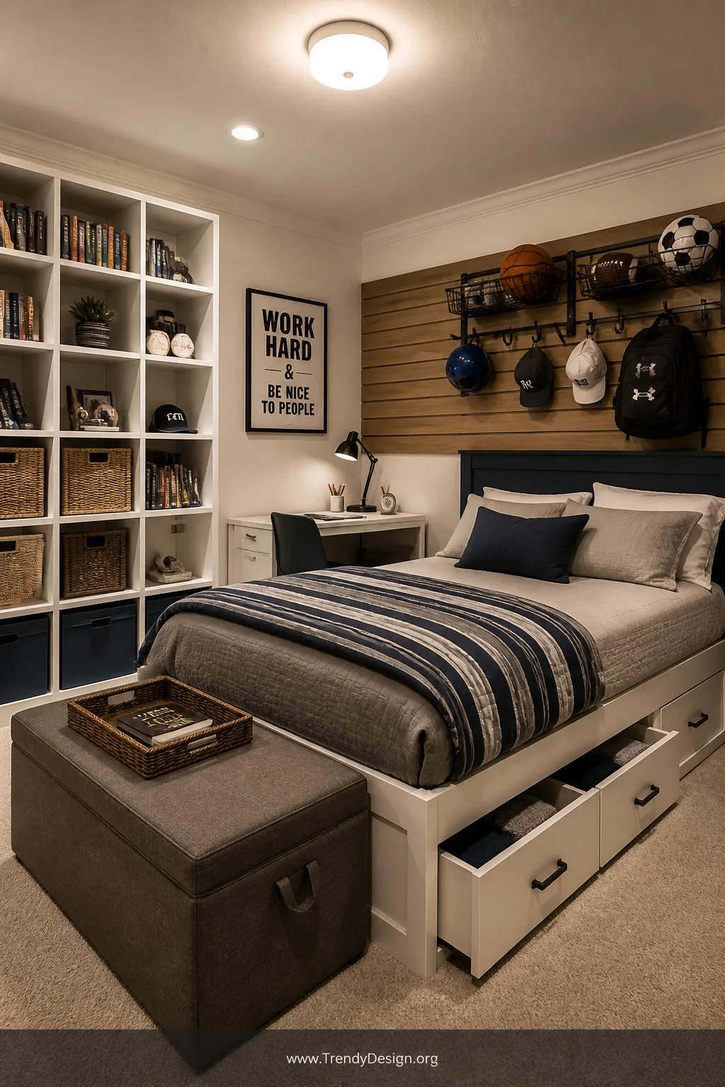 Medium photorealistic interior shot of a well-organized boys bedroom showcasing a tall white cube shelving unit styled with b