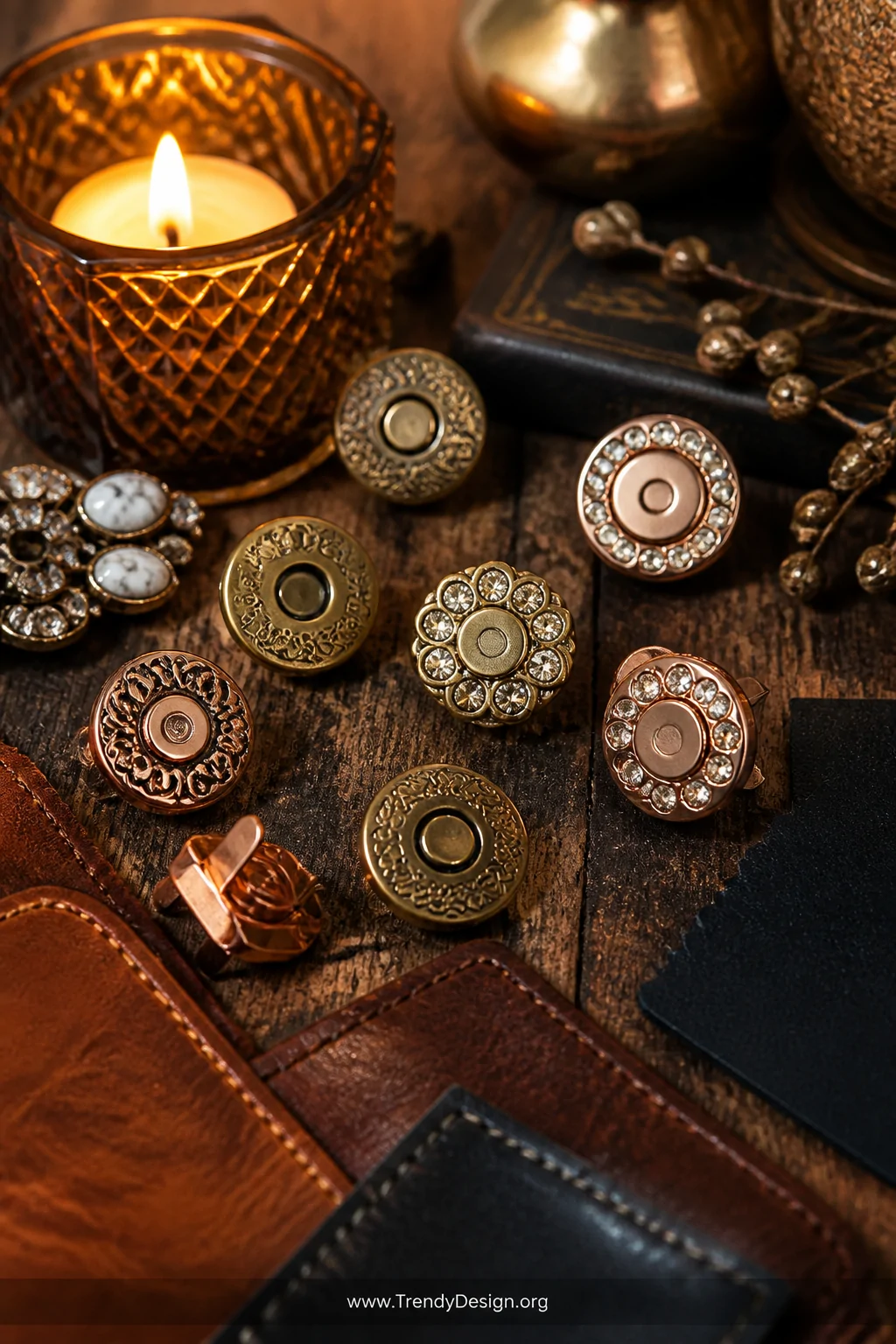 A close-up detail shot of a luxurious flat-lay arrangement on a aged oak surface featuring ornate decorative magnetic snaps i