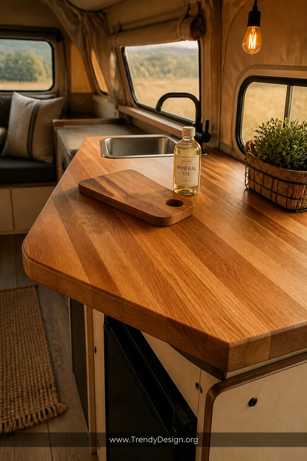 A medium shot of a warm honey-toned butcher block countertop fitted inside a cozy pop-up camper kitchenette, rich natural woo