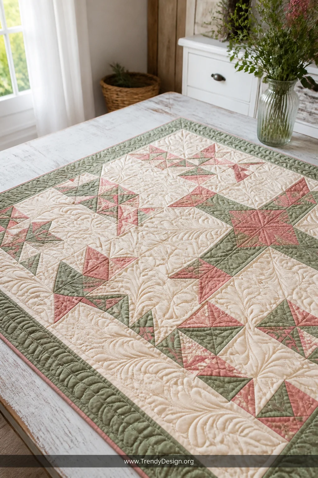 Medium detail shot of a quilt laid flat on a rustic white-washed wooden farmhouse table, showcasing flowing feather plume qui