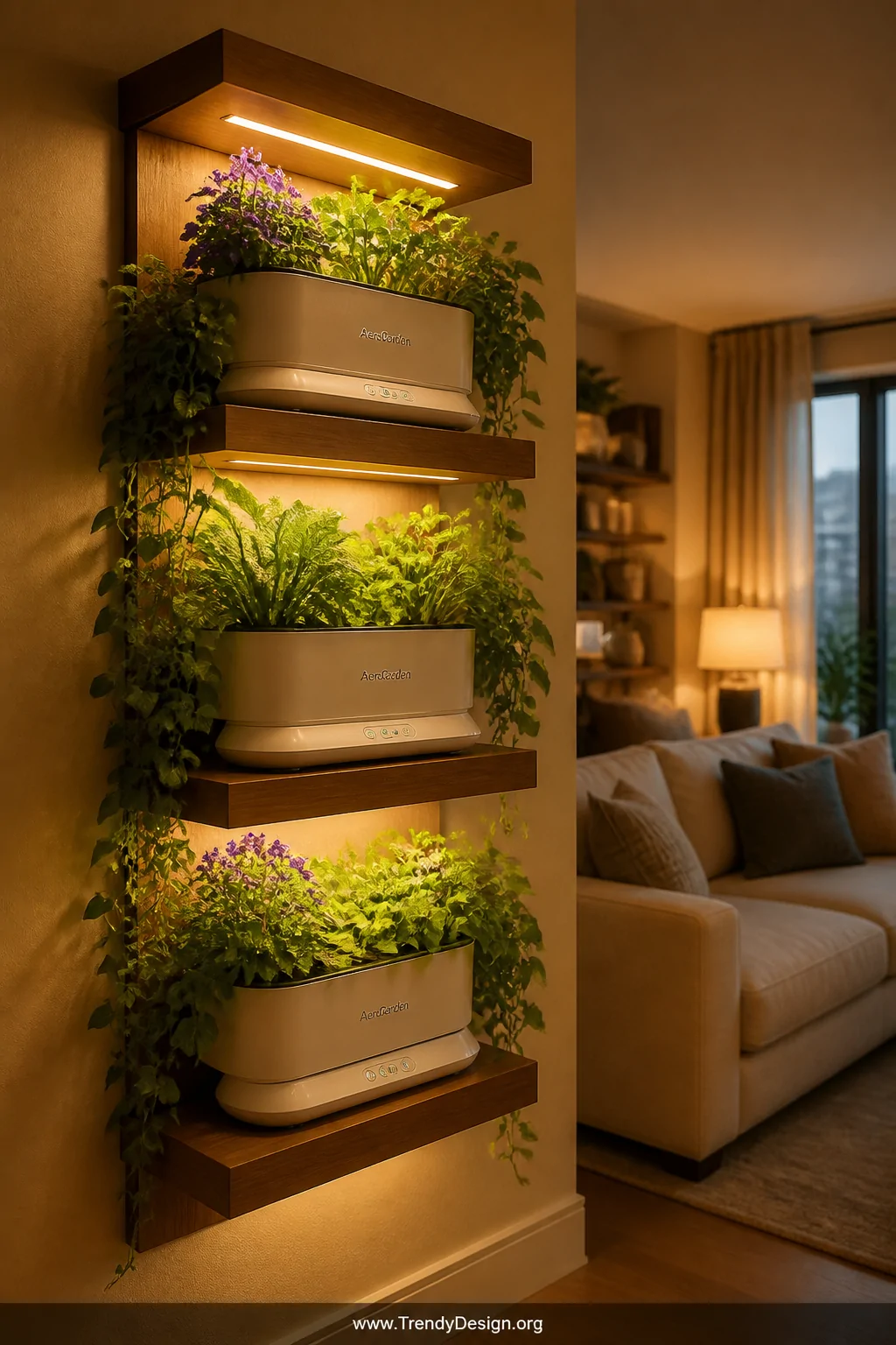 Medium shot of a living room floating wooden shelf displaying three vertically stacked matching Aerogarden units glowing with