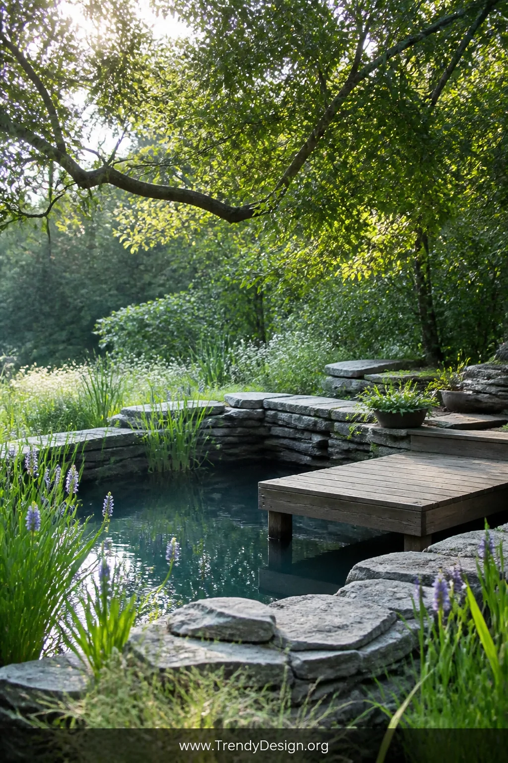 Wide natural garden shot of a small stone-edged pond cold plunge surrounded by stacked slate rocks, native water grasses and 