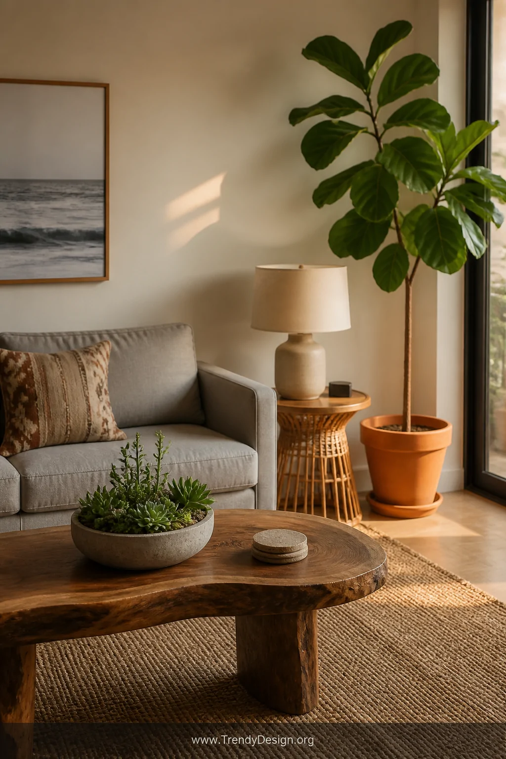 A wide living room shot of a gray couch beside a tall fiddle leaf fig tree in a terracotta pot in the corner, a live-edge wal
