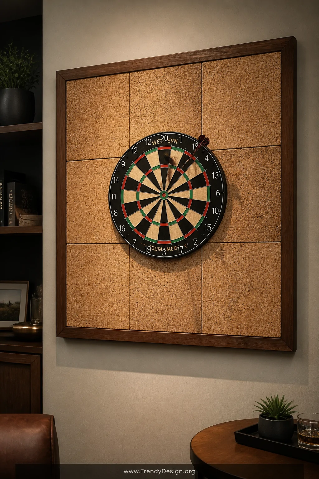 A medium shot of a game room wall featuring a large square arrangement of thick natural cork tiles framing a mounted dartboar