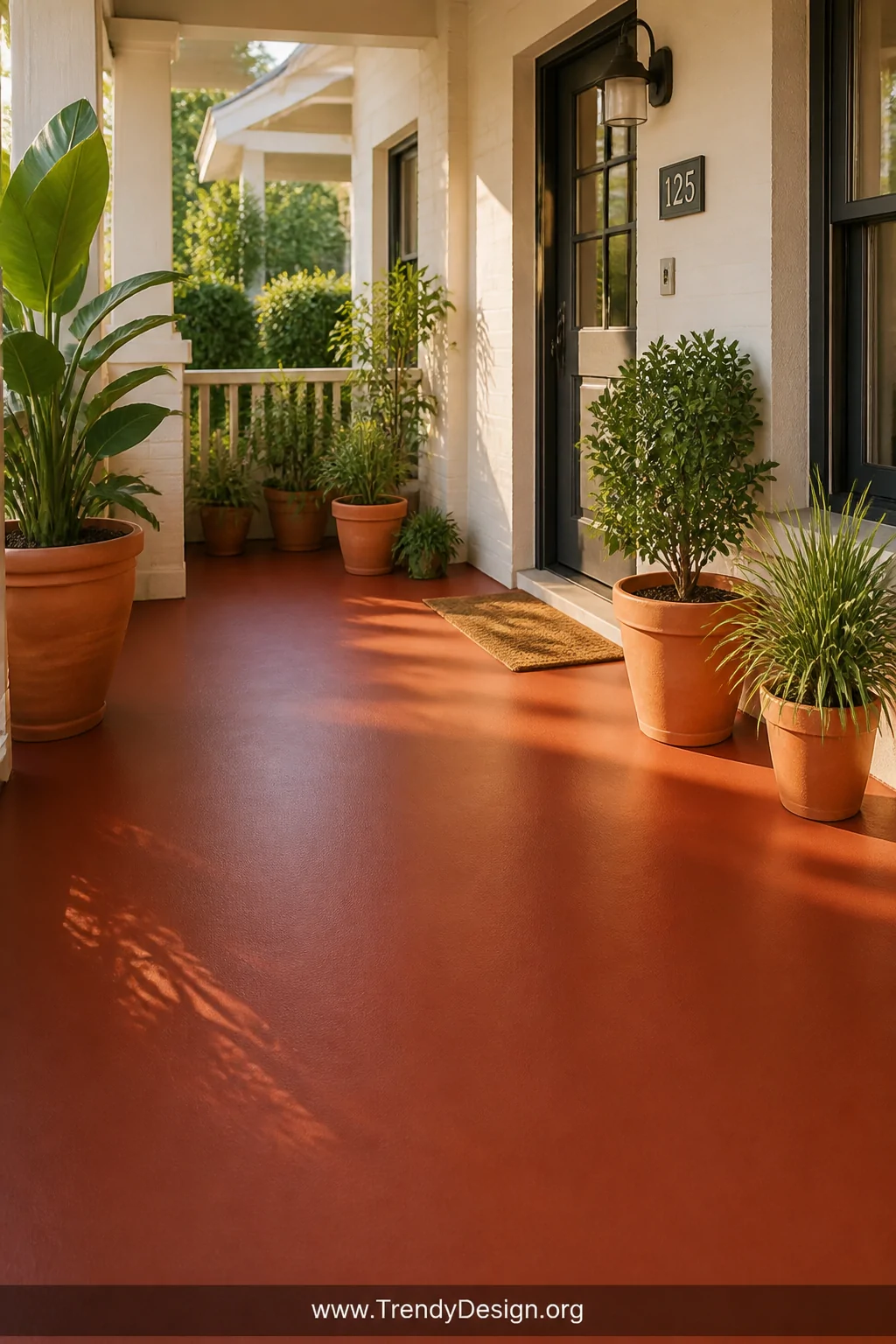 Wide shot of a front concrete porch floor painted in deep terracotta, bathed in warm afternoon sunlight, flanked by white-pai