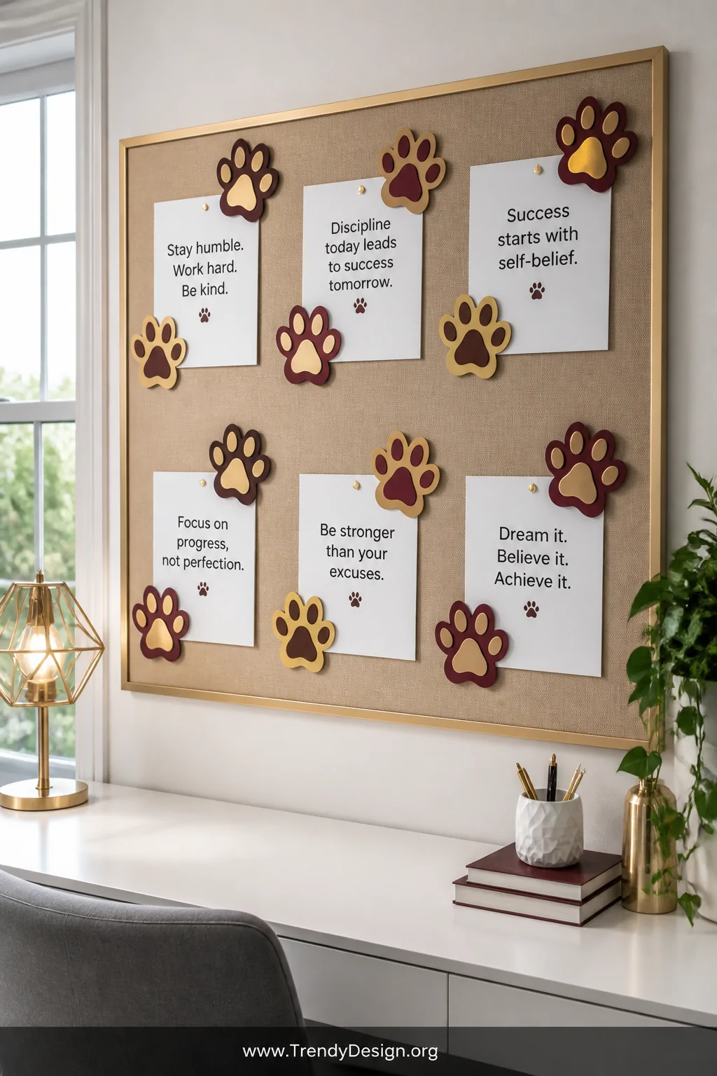A medium shot of a home office bulletin board styled with clean white lettered quote cards arranged at even intervals, cluste