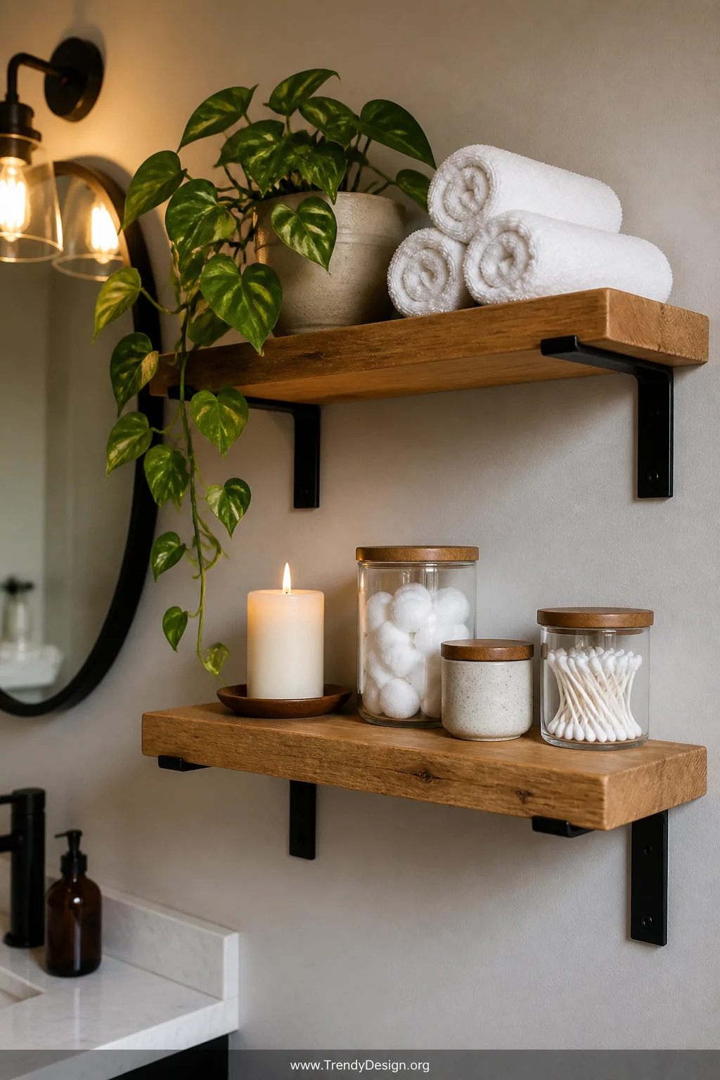 A medium shot of a bathroom wall with two floating natural wood shelves mounted on black metal brackets, styled with neatly r