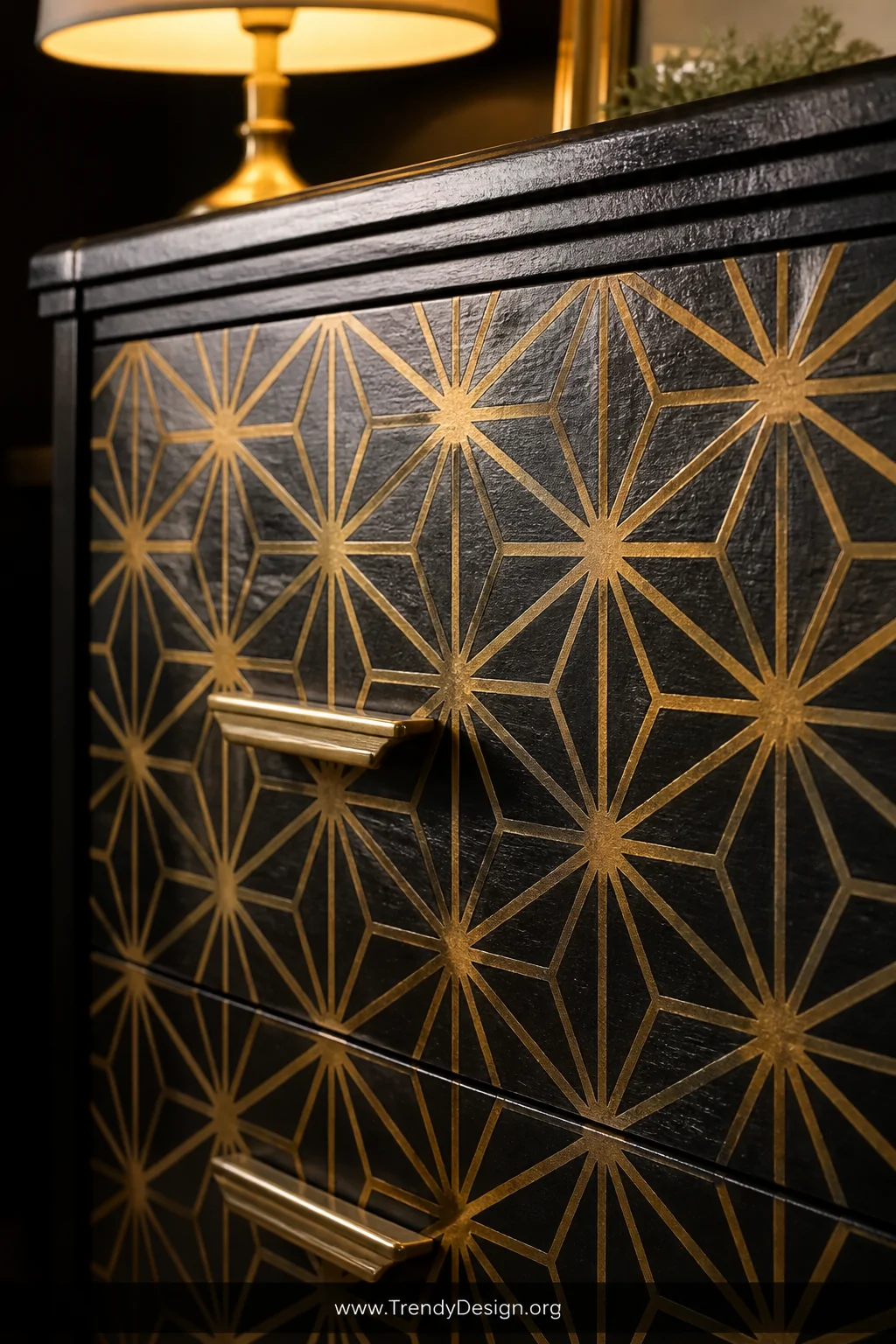 A close-up shot of a dresser drawer front featuring an allover repeating geometric star stencil pattern painted in metallic g