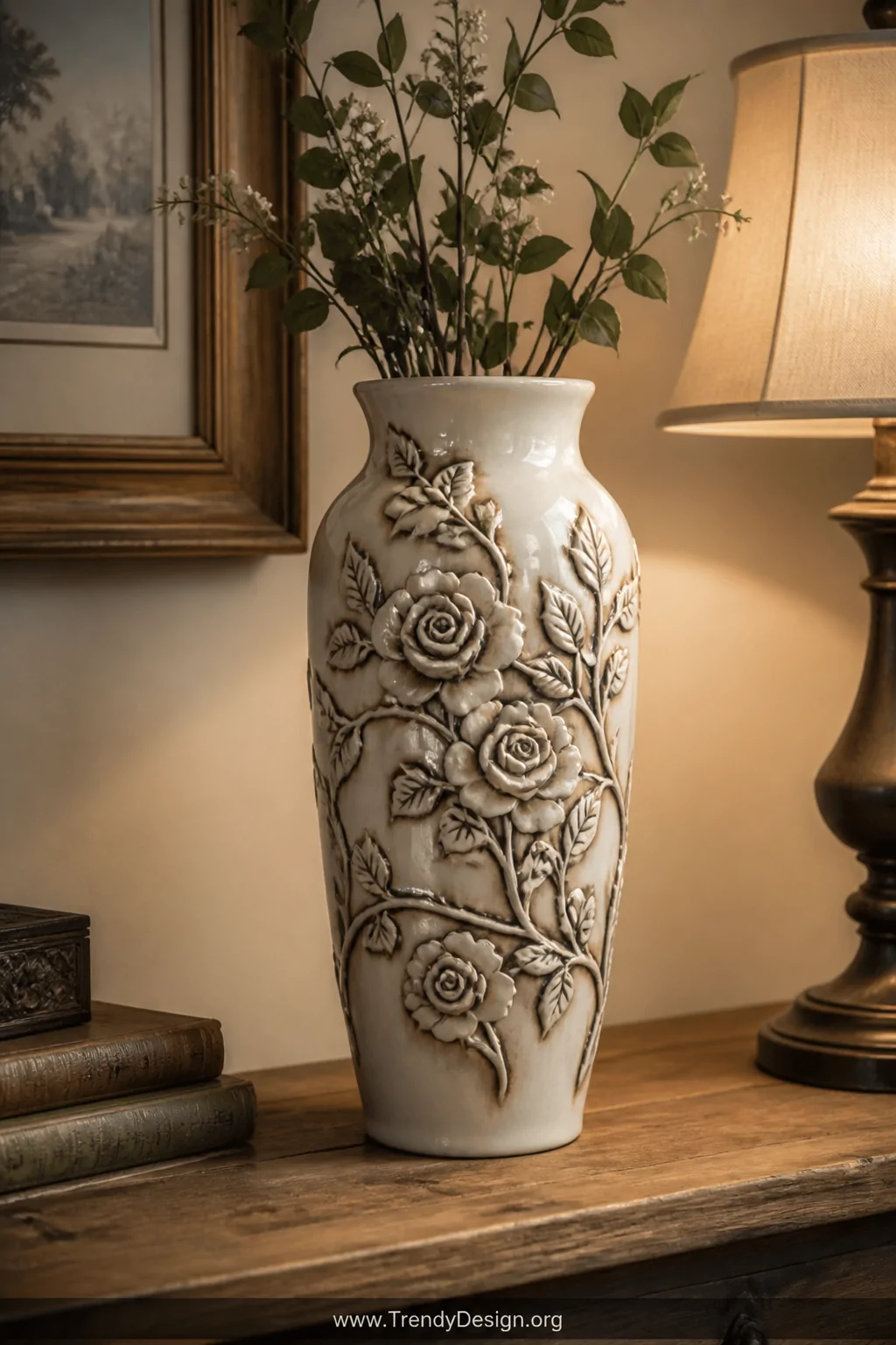 A medium shot of a rustic wooden side table holding a tall handmade ceramic vase with deeply carved floral motifs of layered 