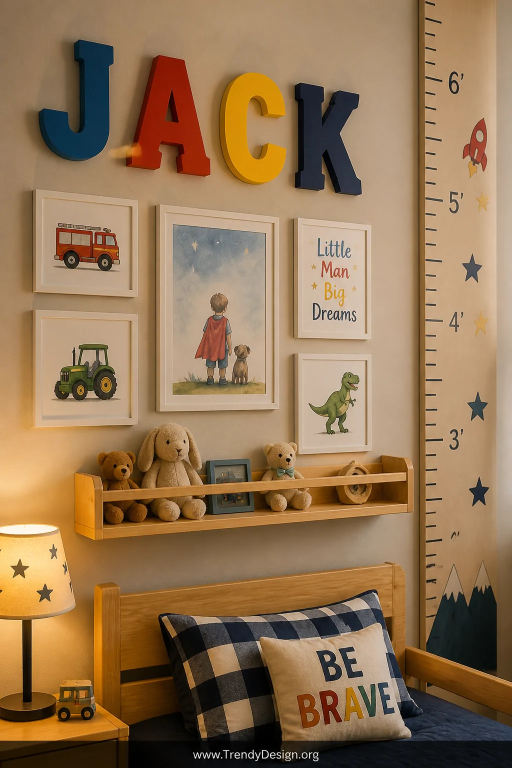 Close-up detail shot of a personalized toddler boy bedroom wall above a low wooden bed, featuring large painted wooden name l