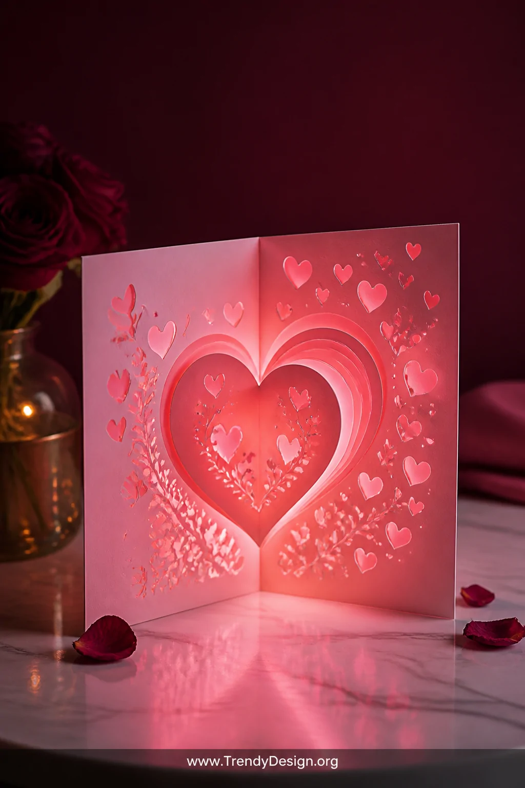 A medium shot of a romantic Valentine's Day LED card standing open on a white marble surface, heart-shaped cutouts backlit wi
