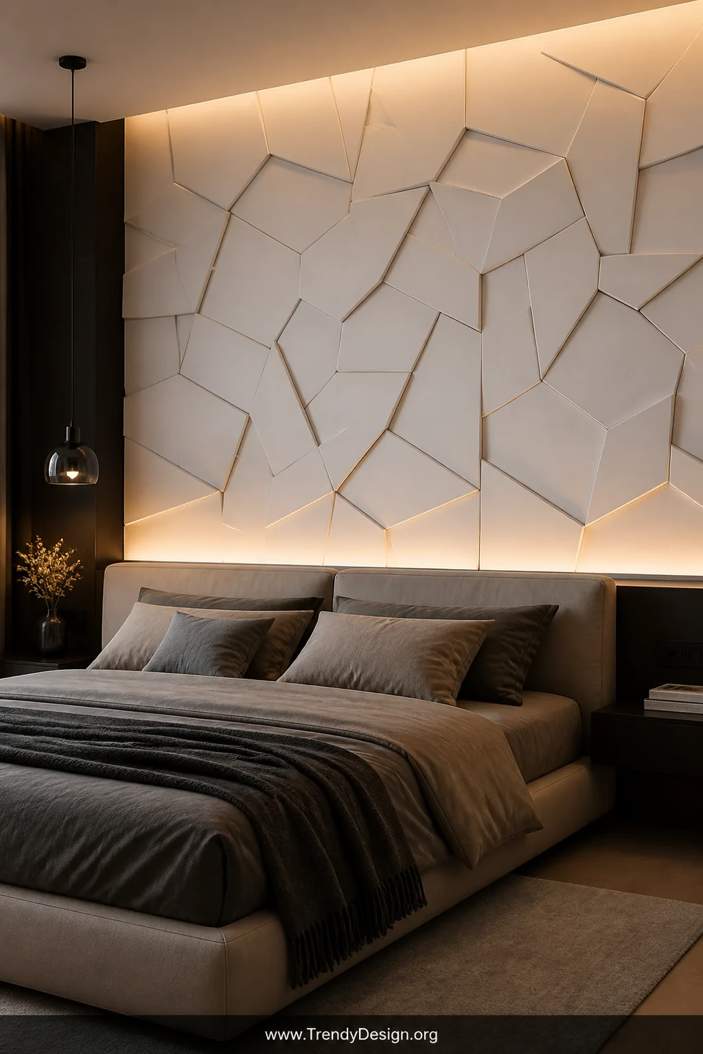 A contemporary bedroom accent wall featuring interlocking 3D geometric white panels creating deep visual texture, warm LED st