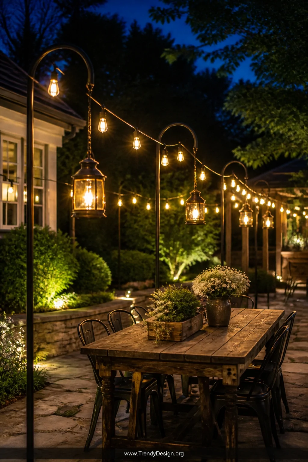A medium dusk backyard shot of a row of evenly spaced matte black shepherds hooks strung with warm-glowing solar Edison bulb 
