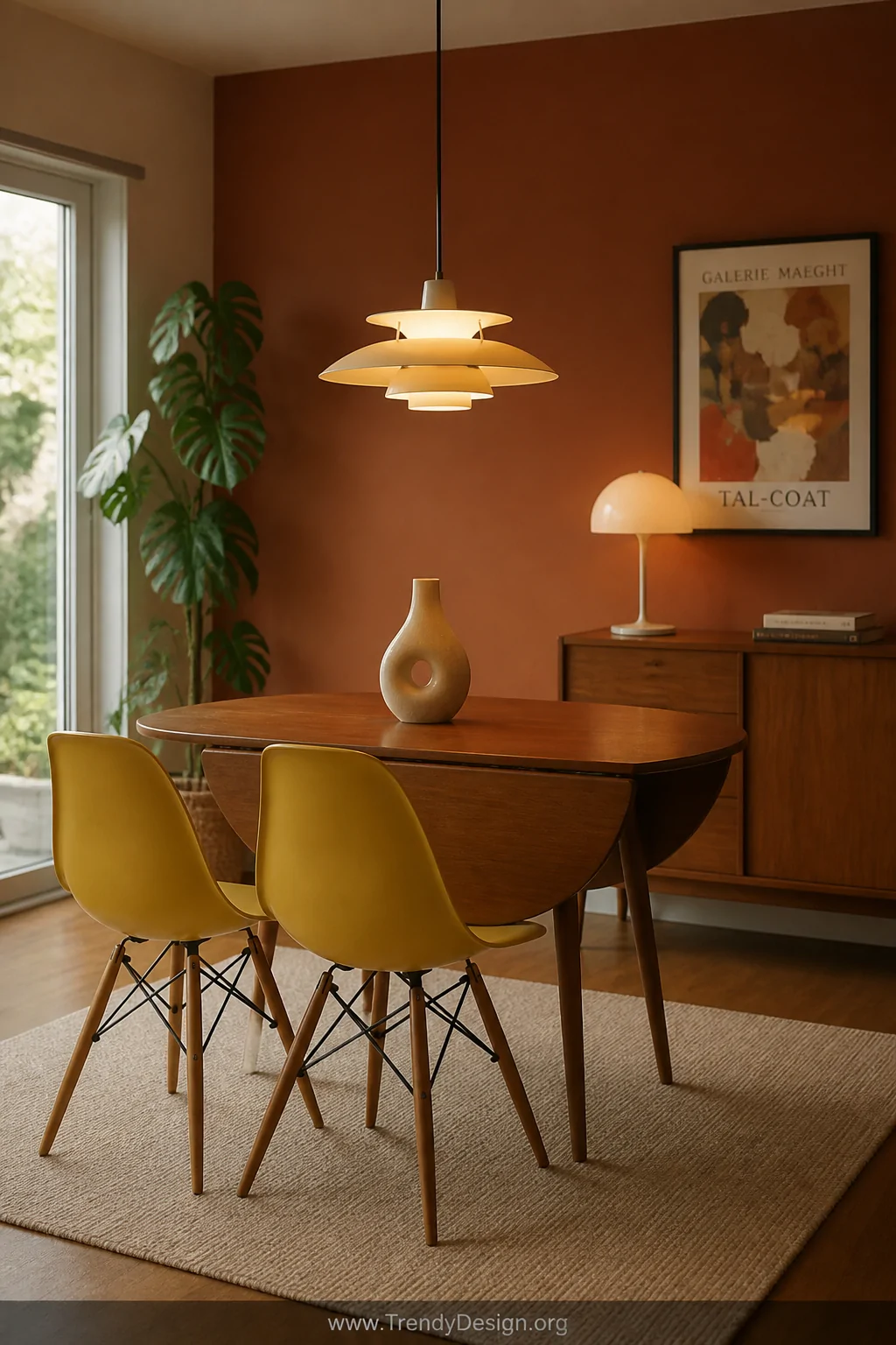 Medium wide shot of a retro-inspired dining nook centered on an oval teak drop leaf table with slender tapered legs, two must