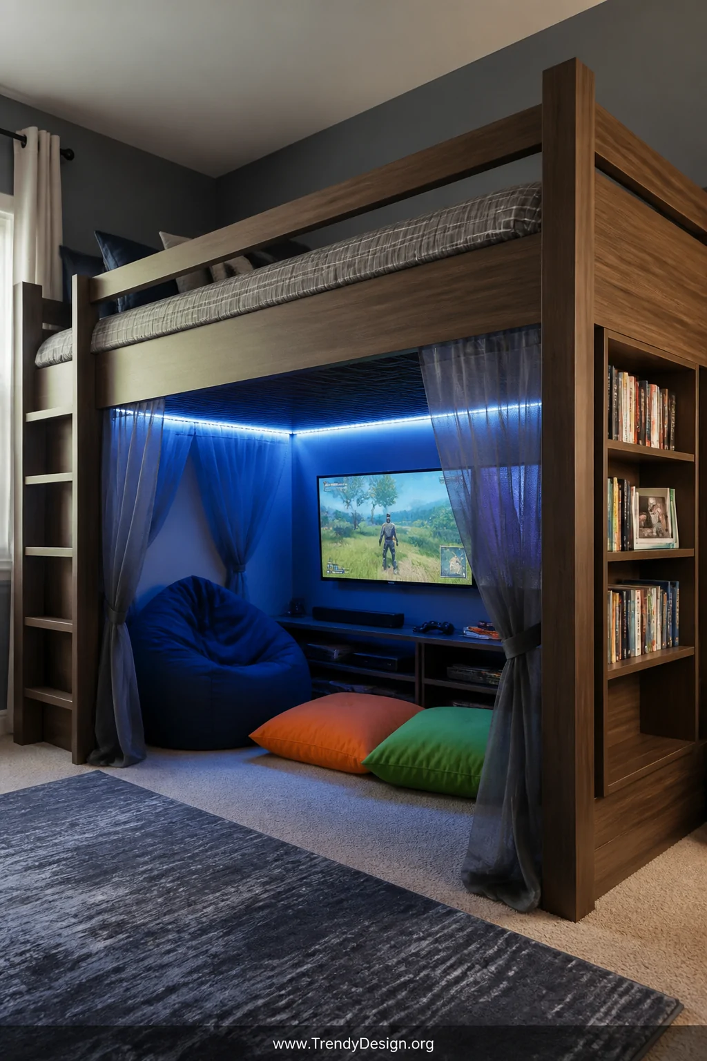 Medium shot of a wooden loft bed setup in a boys bedroom with cool-toned LED strip lights glowing beneath the raised platform