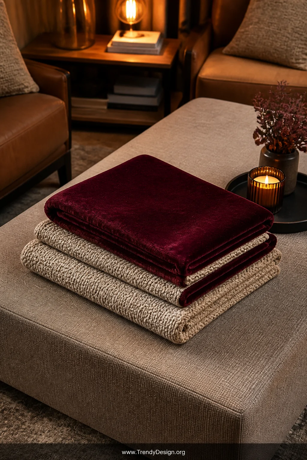 A styled detail shot looking down at a large rectangular ottoman in a warm-toned living room where two blankets   one in deep