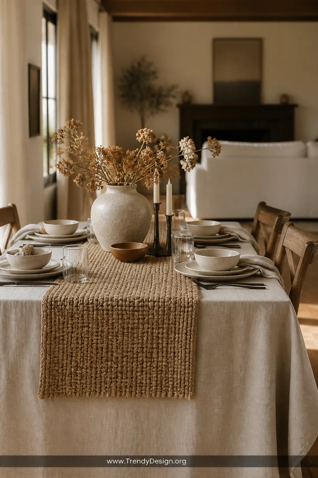 A styled dining table draped with a layered linen tablecloth in soft oatmeal underneath and a shorter chunky-knit jute runner