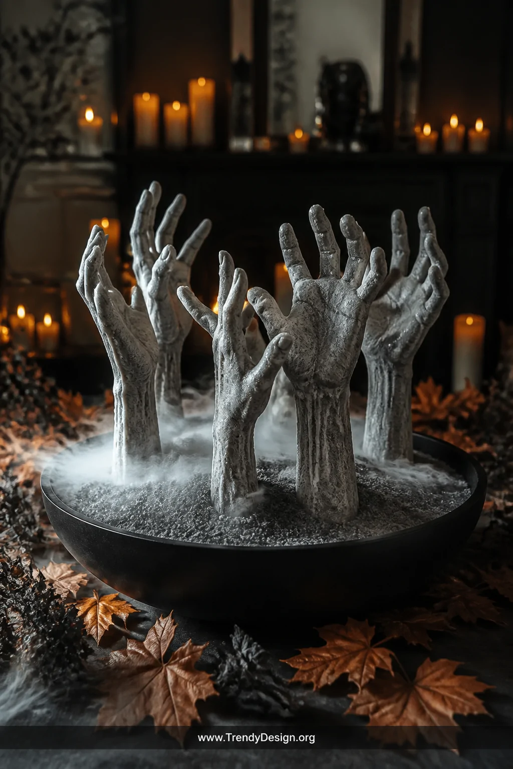 A wide atmospheric Halloween centerpiece shot of multiple pale gray wax hands with ghostly undertones emerging dramatically f