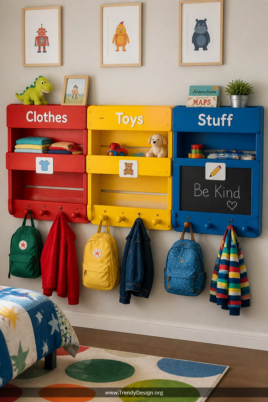 Medium shot of a cheerful children's bedroom wall with low-mounted pallets painted in bright red, yellow, and blue primary co