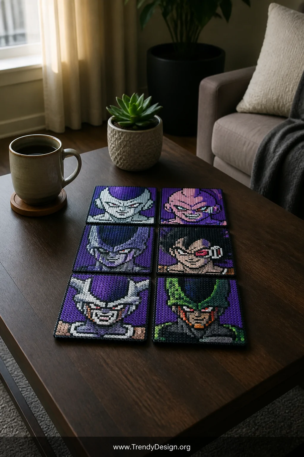Medium shot of a dark wood coffee table styled with a set of six square Perler bead coasters featuring anime villain pixel ar