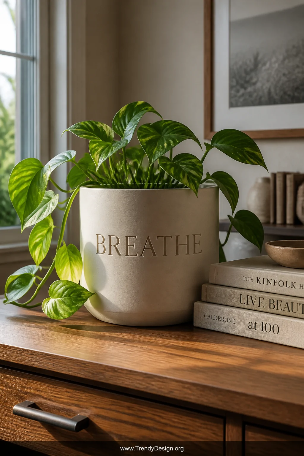 A medium shot of a cream-colored ceramic planter on a warm oak desk with a single meaningful word carved in elegant serif let
