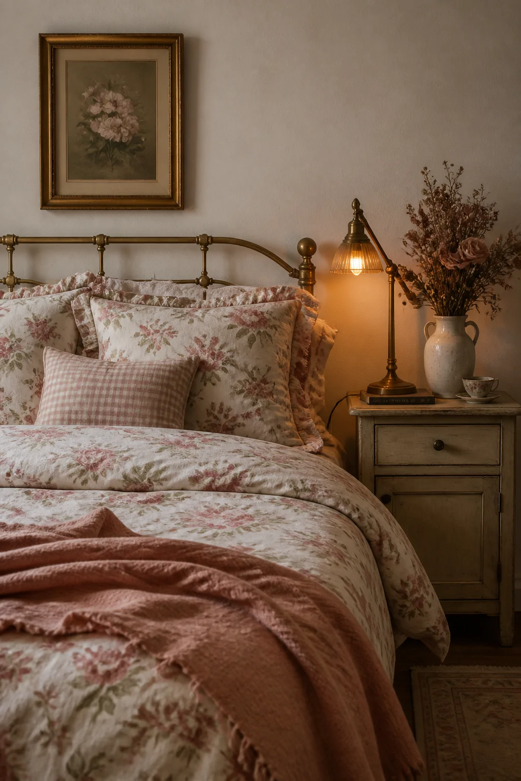 Medium shot of a romantically layered bed dressed in faded vintage rose floral bedding, a dusty pink linen throw casually fol