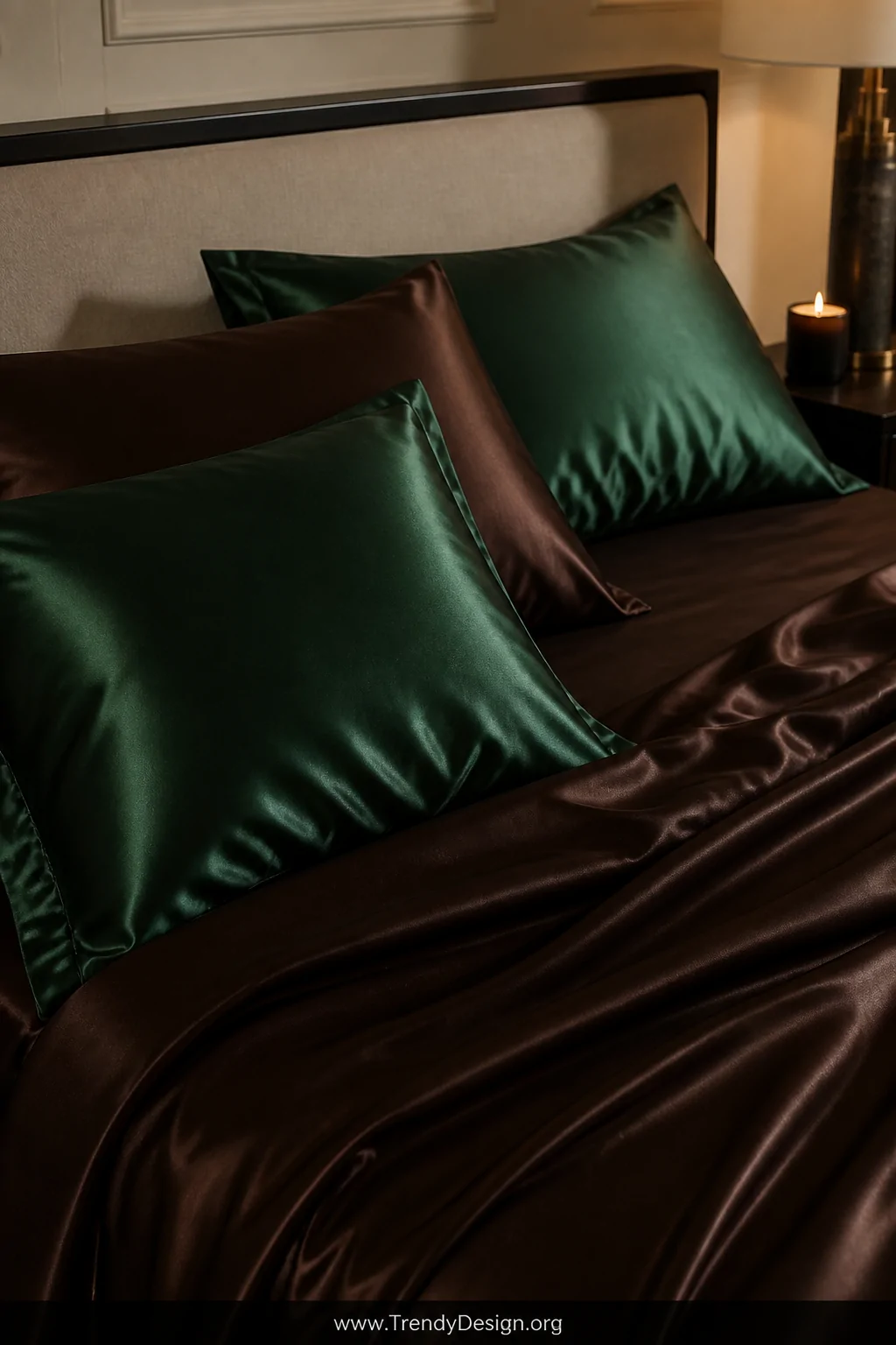 Closeup detail shot of a luxurious bed dressed with solid silk pillow cases in deep emerald green and rich chocolate brown, t
