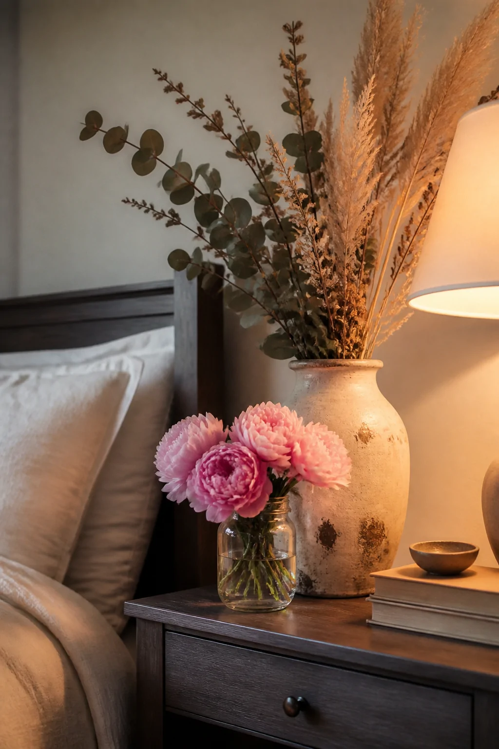 Close-up detail shot of a bedroom nightstand styled with a small mason jar of fresh pink peonies beside a vintage ceramic vas
