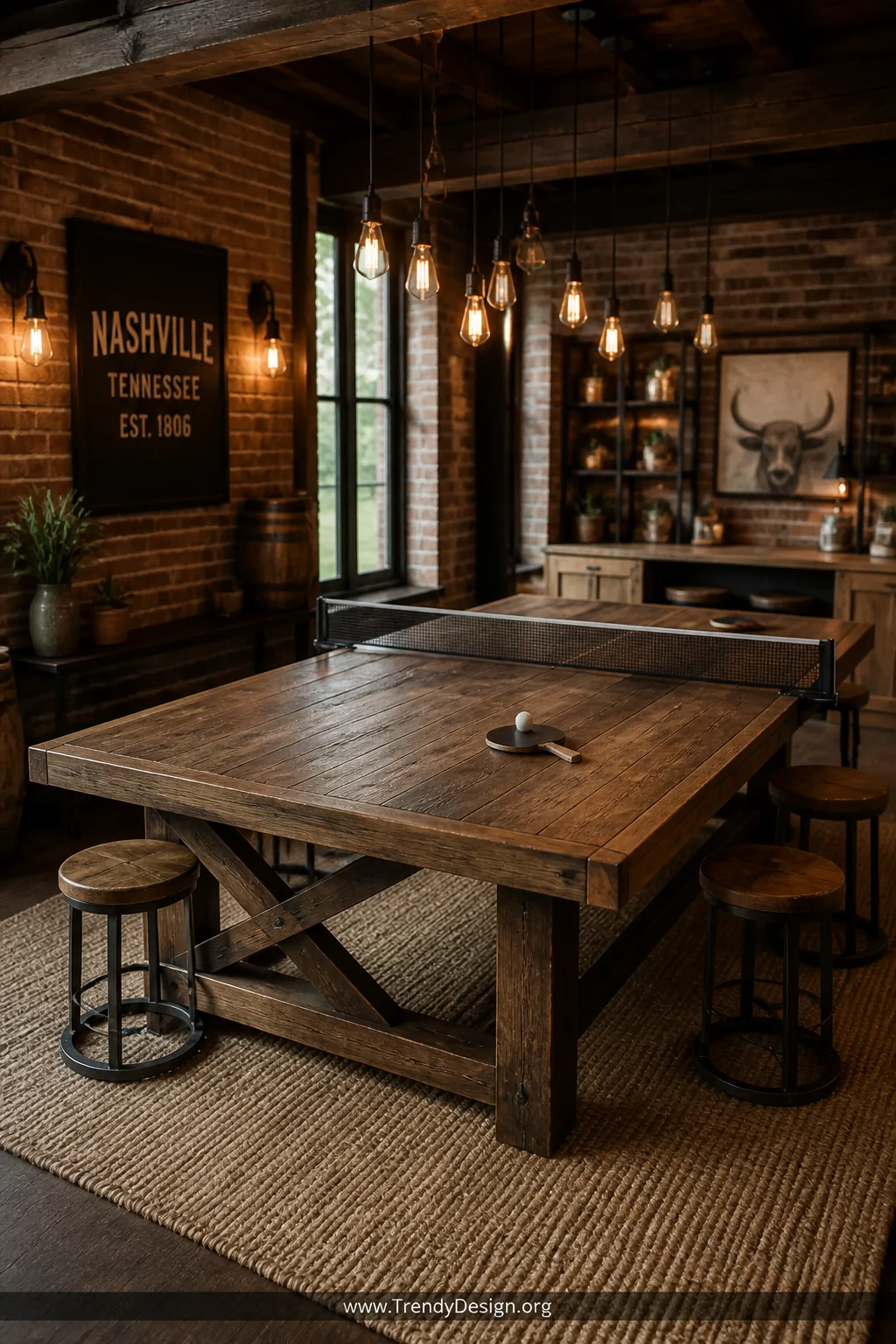 Wide shot of a warm farmhouse-style interior featuring a reclaimed barn wood ping pong table with rich grain variations and n