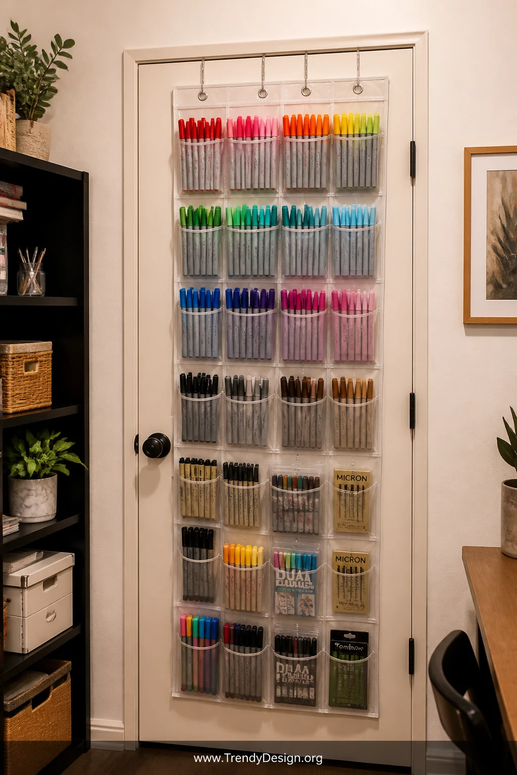 A medium shot of a craft room wall with a clear-pocket over-the-door shoe organizer mounted flat, each transparent pocket nea