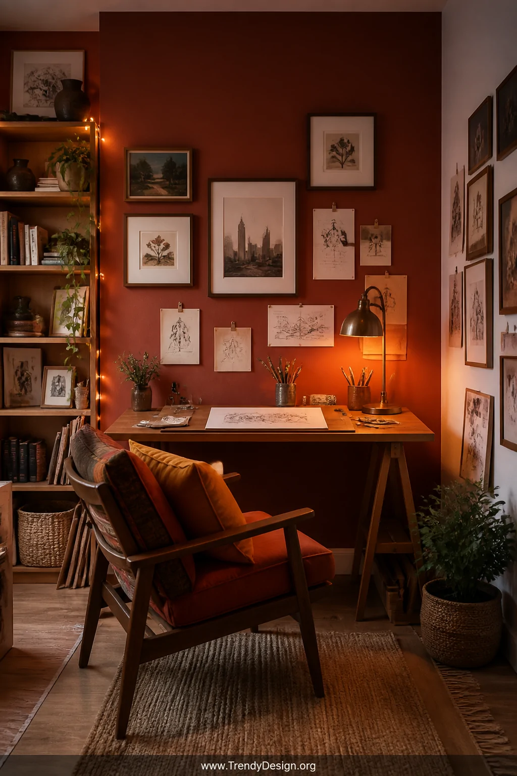 Wide cozy nook shot of a creative corner with a deep terracotta accent-painted wall framing a wooden drawing table, a plush c