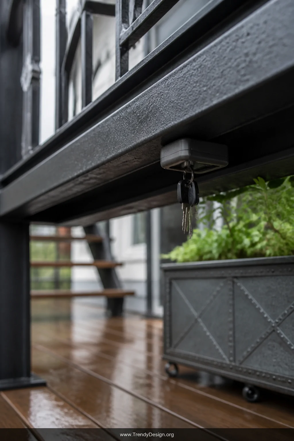 A medium shot of the underside of a sleek black wrought-iron porch railing with a small gunmetal-grey magnetic key holder cli