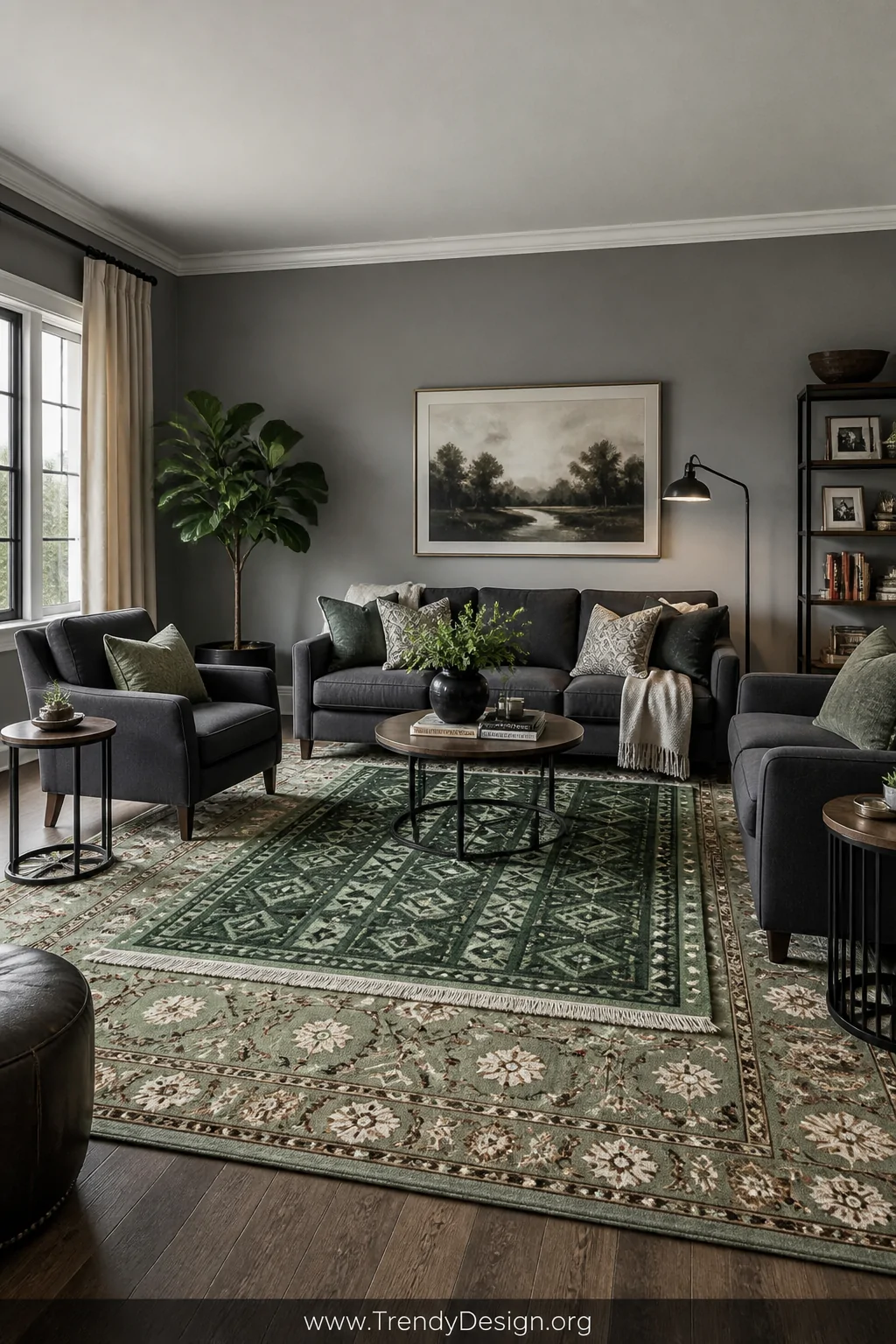 Wide shot of a grey living room anchored by a large sage and olive Persian-style patterned rug with all sofa and armchair leg