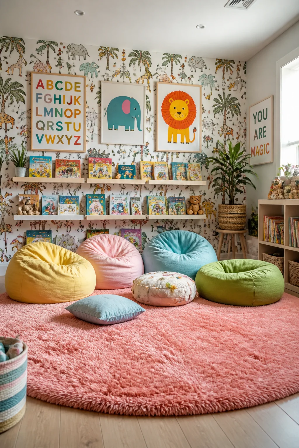 Medium shot of a vibrant and playful kid's room with a plush high-pile pink statement rug covering the center of the floor, c