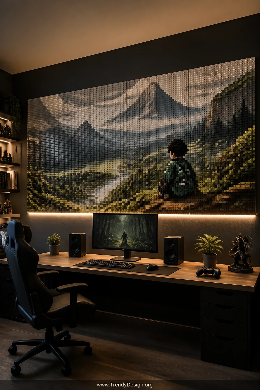 Wide room shot of a moody gaming room with a massive multi-panel Perler bead wall art piece mounted above a desk, depicting a