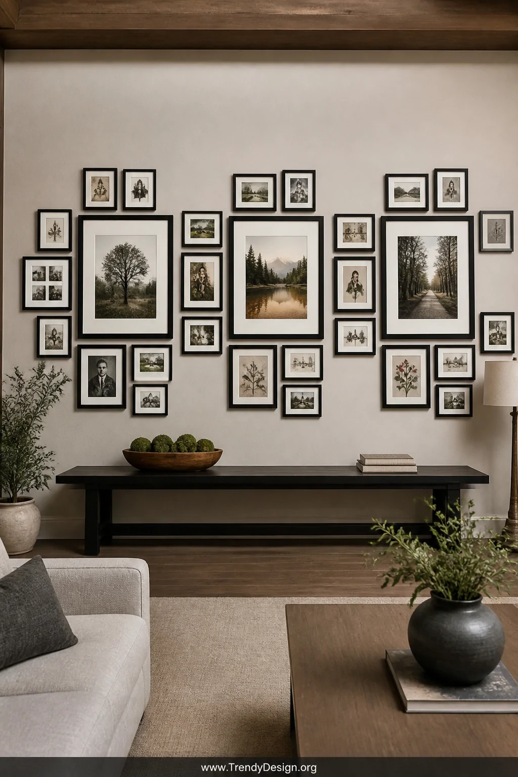Wide shot of a large gallery collage wall with frames clustered into asymmetrical nested groups, each cluster reading as one 