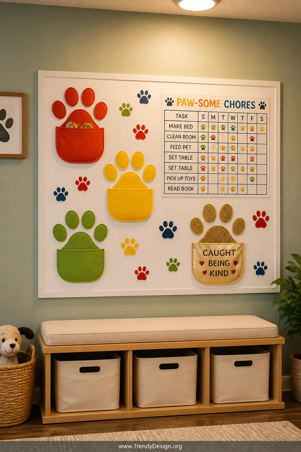 A medium shot of a cheerful kids' room bulletin board featuring paw-shaped fabric pockets in bright red, yellow, and green st