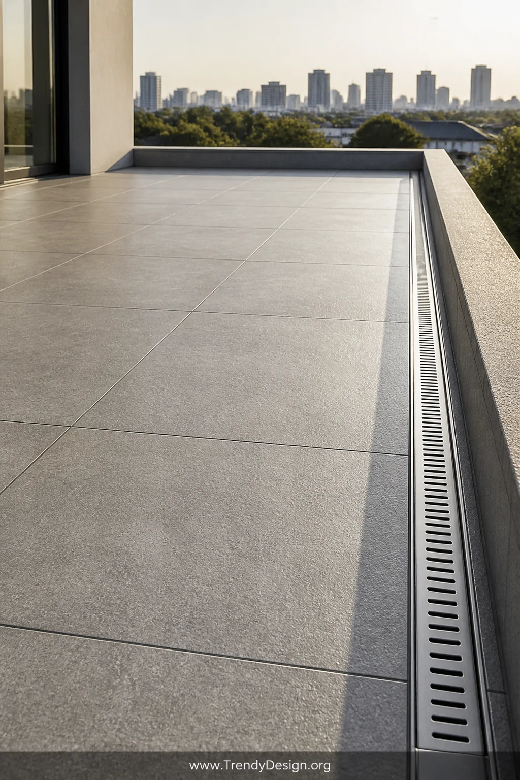 Detail-to-medium photorealistic shot of a flat porch rooftop surface finished with large-format light grey concrete-look porc