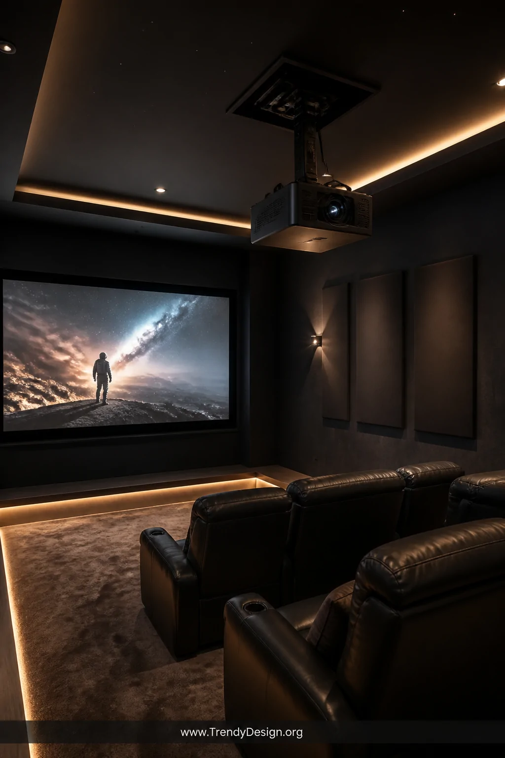 Wide shot of a luxurious dark home theater room with a projector silently descending from a hidden ceiling compartment housin