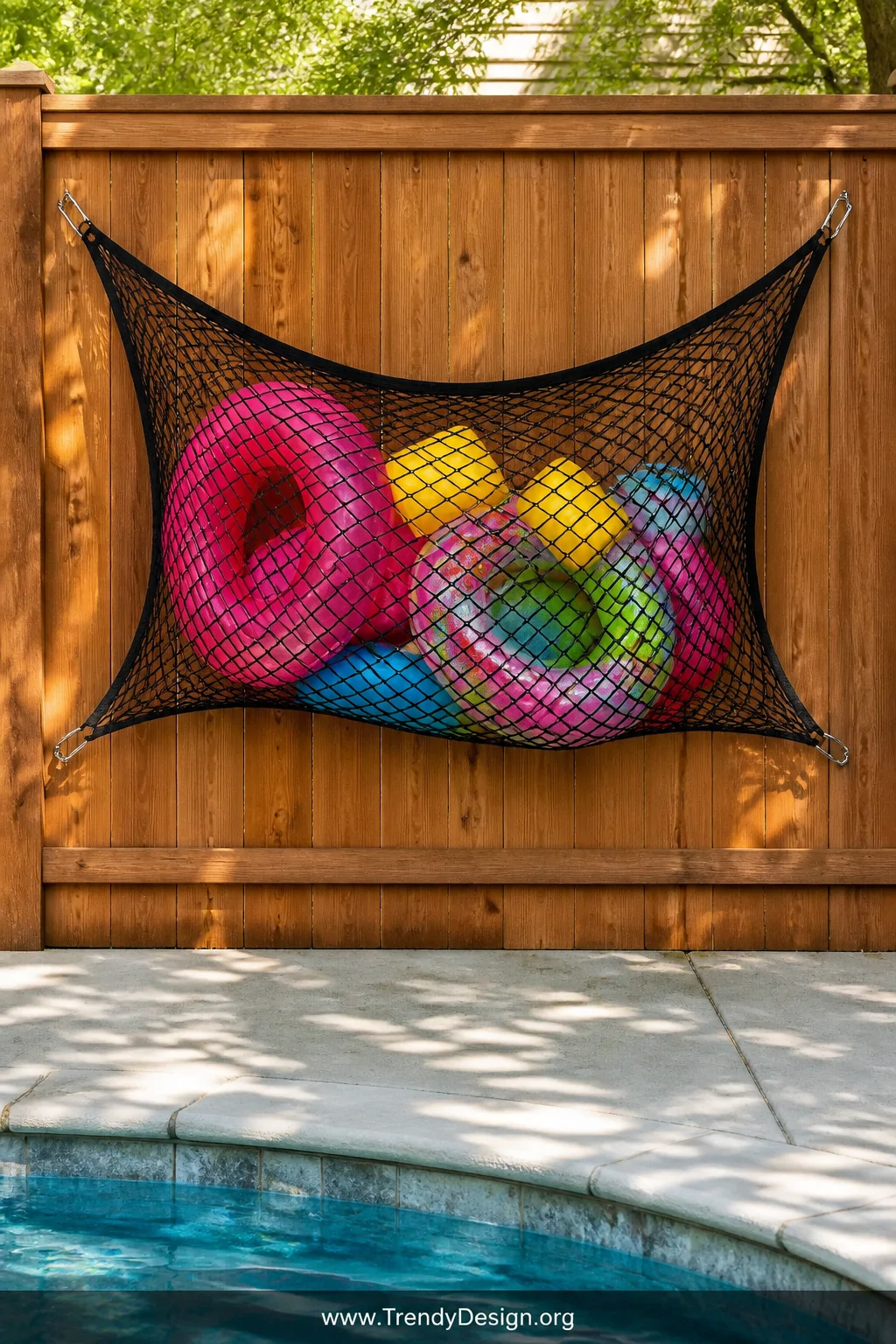 Medium shot of a heavy-duty black mesh cargo net stretched taut across a natural cedar fence panel, secured with silver carab