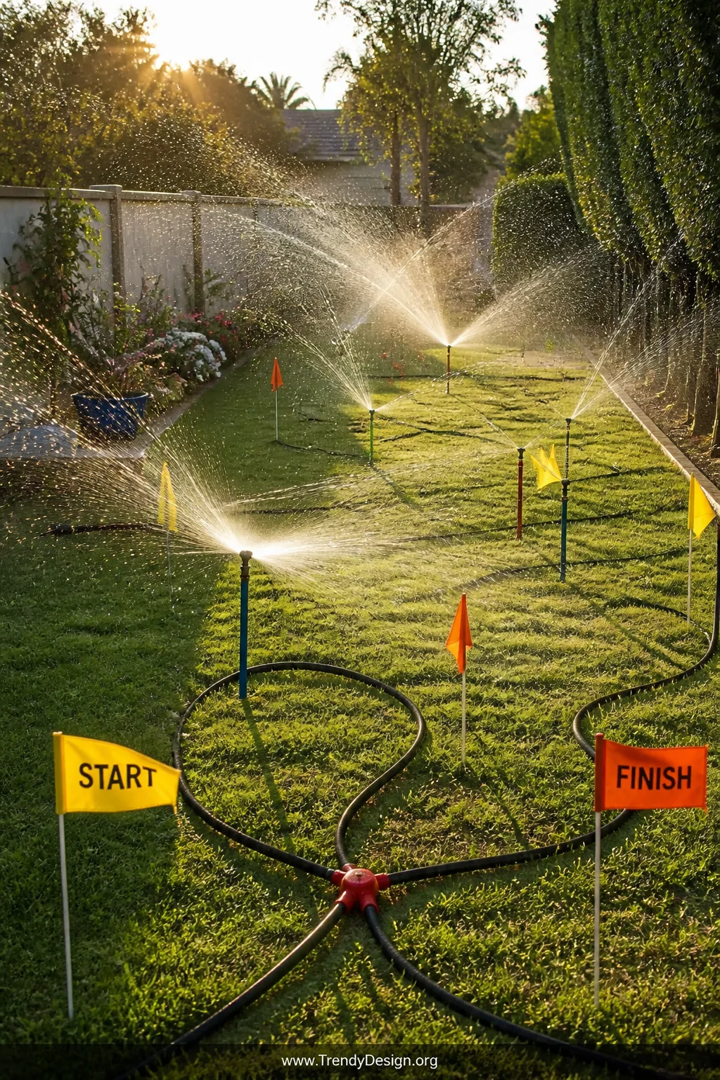 Wide shot of a backyard obstacle course layout on a sunny lawn featuring multiple rotating and oscillating sprinkler heads po